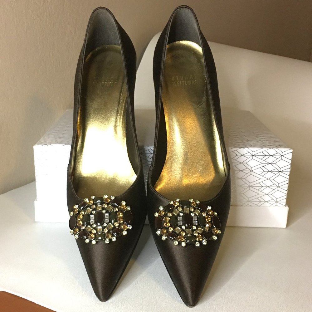 STUART WEITZMAN ✨ Brown Satin Rhinestone Embellished Heels - Picture 5 of 14